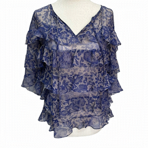 Rebecca Taylor Blue Silk Short Sleeve Ruffle Tie Front Blouse Size S